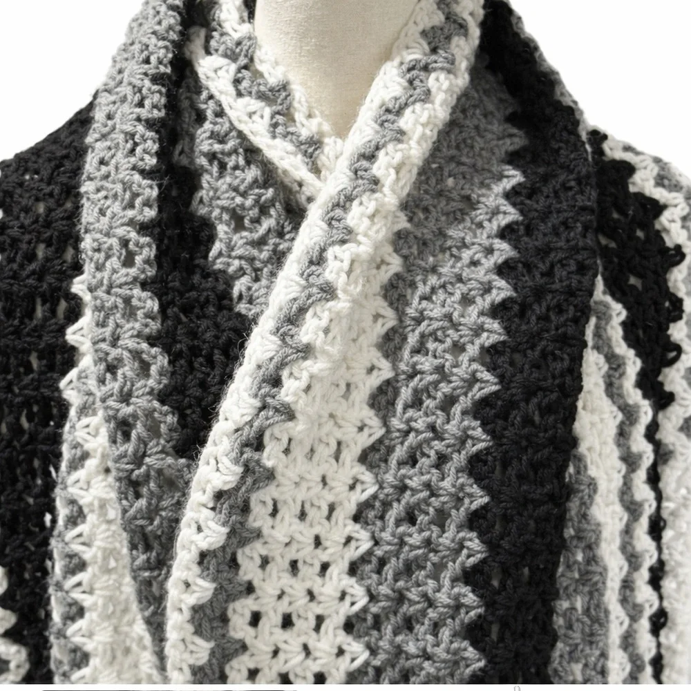 Handmade Crochet Pocket Shawl Black Gray White Striped Wrap 80”